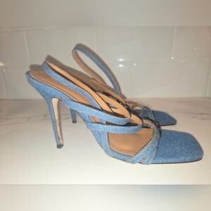 STAUD Denim Strappy Square-Toe High Heel Slingbacks